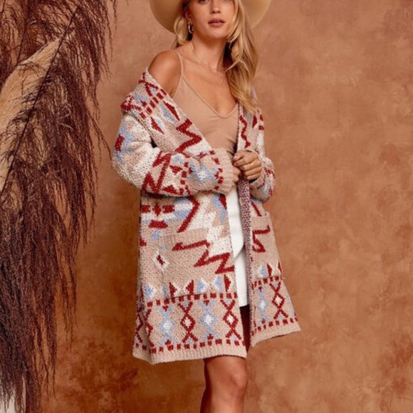 Boho Aztec Tribal Cowichan Knit Cardigan Sweater Duster Top Western Yellowstone - Picture 3 of 6